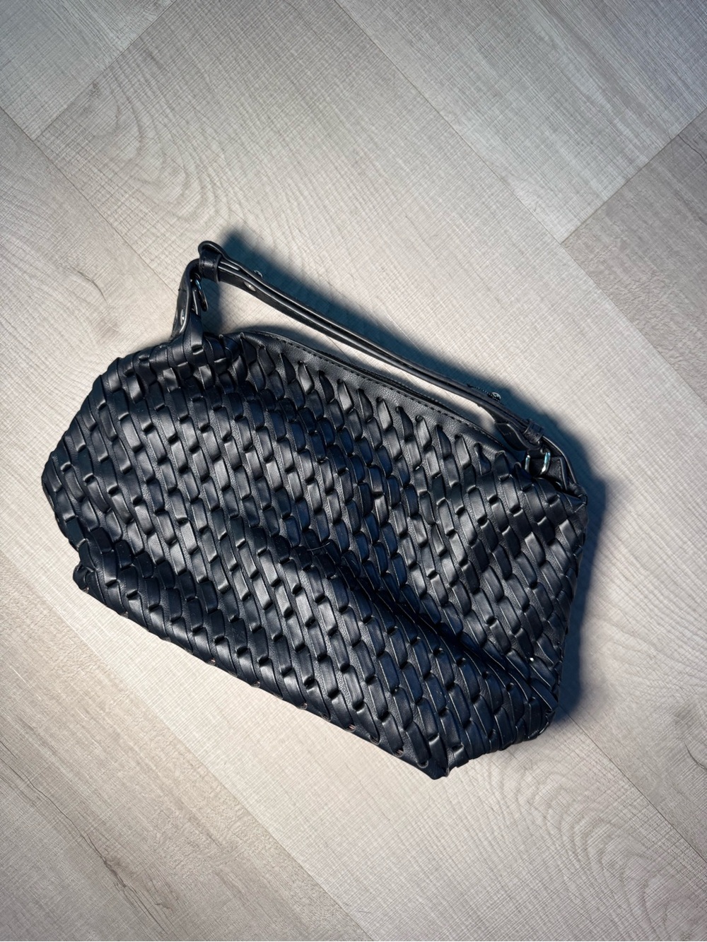 Woven Leather Shoulder Bag - Black